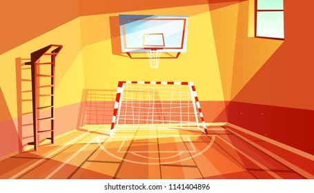 Gymnasium Vector Illustration Of College Or School Gym And Sport Hall Interior. Cartoon Background Of University Exercises Room For Football, Basketball And Physical Training Equipment