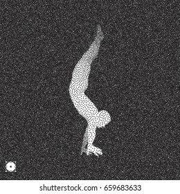 Gymnast. 3D Human Body Model. Black and white grainy dotwork design. Stippled vector illustration.