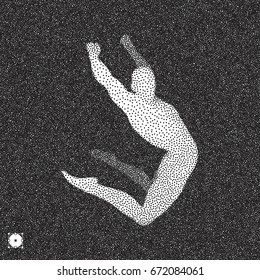 Gymnast. 3D Human Body Model. Black and white grainy dotwork design. Stippled vector illustration.