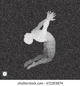 Gymnast. 3D Human Body Model. Black and white grainy dotwork design. Stippled vector illustration.