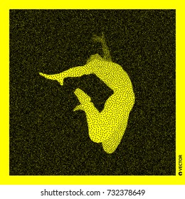 Gymnast. 3D Human Body Model. Black and yellow grainy design. Stippled vector illustration.