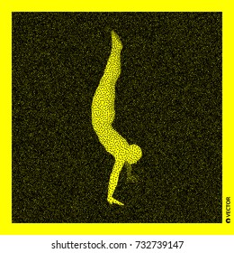 Gymnast. 3D Human Body Model. Black and yellow grainy design. Stippled vector illustration.