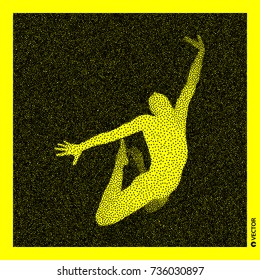 Gymnast. 3D Human Body Model. Black and yellow grainy design. Stippled vector illustration.