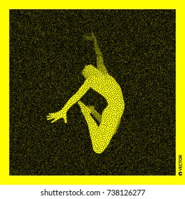 Gymnast. 3D Human Body Model. Black and yellow grainy design. Stippled vector illustration.