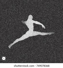 Gymnast. 3D Human Body Model. Black and white grainy design. Stippled vector illustration.
