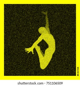 Gymnast. 3D Human Body Model. Black and yellow grainy design. Stippled vector illustration.