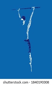 Gymnast, athlete, bodybuilder on a horizontal bar minimalism. Blue background