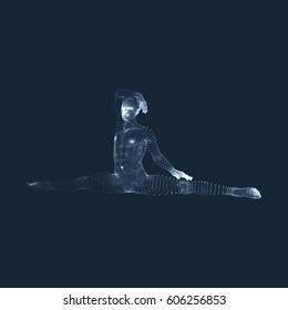 Gymnast. Athletic man doing hand exercises sitting on the splits. 3D Human Body Model. Gymnastics Activities for icon health and fitness community.