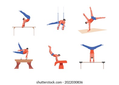A gymnast with an athletic physique performs an artistic gymnastic programme on variable apparatuses. Vector flat design illustration. Individual all-around competition set.