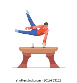 A gymnast with an athletic physique performs an exercise on an apparatus pommel horse doing a scissored leg element. Vector flat design illustration. Individual all-around competition scene.