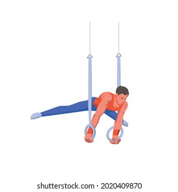 A gymnast with an athletic physique performs an exercise on rings holding himself parallel to the ground. Vector flat design illustration. Individual all-around competition scene.