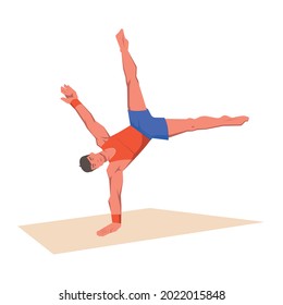 A gymnast with an athletic physique performs Floor exercise programme event, athlete shows static hold skill with his hands. Vector flat design illustration. Individual all-around competition scene.