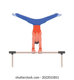 A gymnast with an athletic physique performs on horizontal bar, athlete shows static hold skill with his hands. Vector flat design illustration. Individual all-around preflight competition scene.