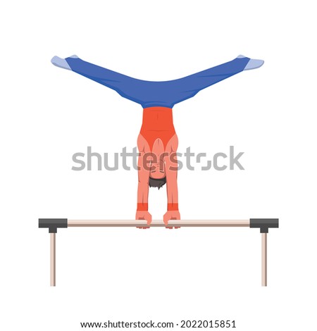 A gymnast with an athletic physique performs on horizontal bar, athlete shows static hold skill with his hands. Vector flat design illustration. Individual all-around preflight competition scene.
