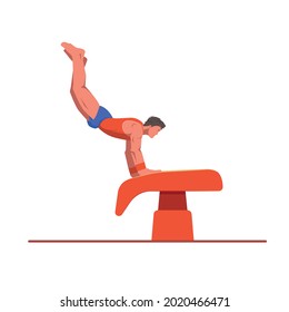 A gymnast with an athletic physique performs a vault, athlete springs onto a vault with his hands. Vector flat design illustration. Individual all-around preflight competition scene.