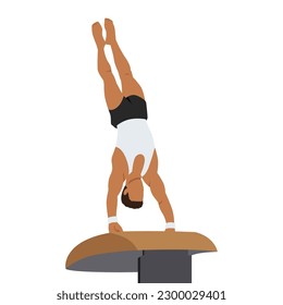 A gymnast with an athletic physique performs a vault, athlete springs onto a vault with his hands. Vector flat design illustration. Individual all around preflight competition scene. Flat vector