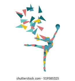 Gymnast with ball Art gymnastics abstract vector background illustration made of polygon fragments isolated on white