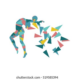 Gymnast with ball Art gymnastics abstract vector background illustration made of polygon fragments isolated on white