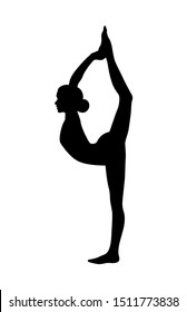 Gymnast black and white vector silhouette. Female yoga pose isolated on white background. Lord of the dance pose. Natarajasana asana. 