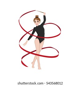 gymnast brunette girl dances with red tape