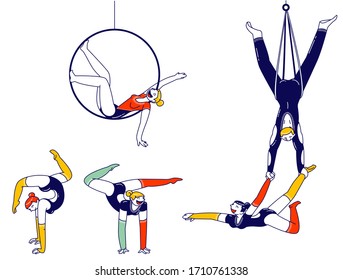 Gymnast Characters Performing Rhythmic Gymnastics Elements with Hoop and Aerial Silks. Girls and Man Wearing Costumes Dancing on Circus Stage or Sports Competition. Linear People Vector Illustration