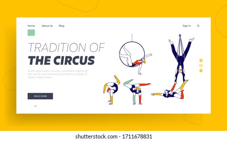 Gymnast Characters Performing Rhythmic Gymnastics Elements Landing Page Template. Girls and Man Wearing Costumes Dancing on Circus Stage or Sports Competition. Linear People Vector Illustration