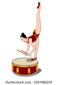 Gymnast with clubs standing on drum. Rhythmic Gymnastics, Circus. Pop Art style. Vector drawing. Drum is the separate object.