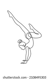 Gymnast in continuous line art drawing style. Rhythmic gymnastics handstand balance minimalist black linear sketch isolated on white background. Vector illustration