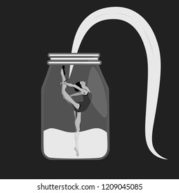 Gymnast dancing in a can of milk. Vector illustration in cartoon style