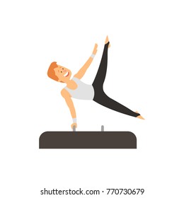 Gymnast doing strength exercises on sports equipment. vector illustration.