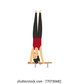 Gymnast doing strength exercises on sports equipment. vector illustration.