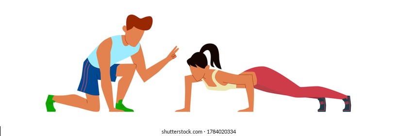 Gymnast exercising in gym with athlete instructor, girl in sportswear push ups workout with fitness personal coach, sport activity and healthy lifestyle cartoon flat vector isolated illustration