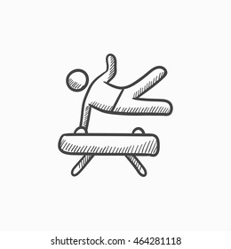 Gymnast exercising on pommel horse vector sketch icon isolated on background. Hand drawn Gymnast exercising on pommel horse icon. Gymnast on pommel horse sketch icon for infographic, website or app.