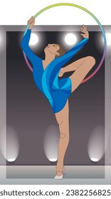 gymnast female in hand stand position holding a hoop above head against a dark background with spotlights