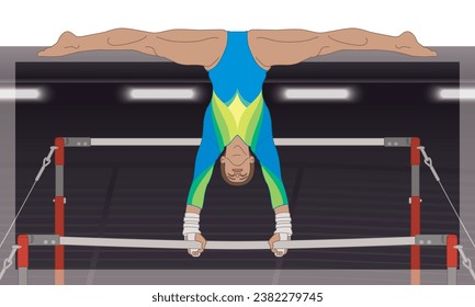 gymnast female inverted on uneven bars against a dark background with spotlights