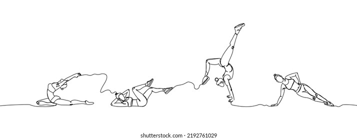 Gymnast, fitness girls, training set one line art. Continuous line drawing sports, pilates, athletics, strength, athlete, woman, gym, stretching, half twine, side plank, bridge, handstand, workout.