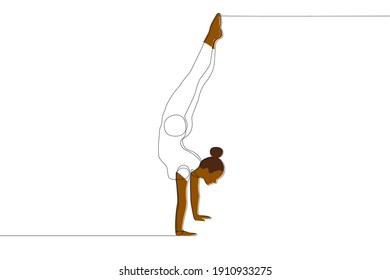 Gymnast girl with African ethnicity standing silhouette on hands. Linear drawing of a gymnast. Vector illustration.