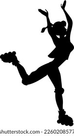 Gymnast girl of athletic build on roller skates. She leads a healthy lifestyle. Black silhouette. Cartoon.