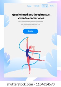 gymnast girl dance blue ribbon character sportswoman activities cartoon isolated healthy lifestyle concept full length flat vertical copy space vector illustration