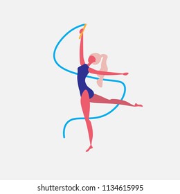 gymnast girl dance blue ribbon character sportswoman activities cartoon isolated healthy lifestyle concept full length flat vector illustration