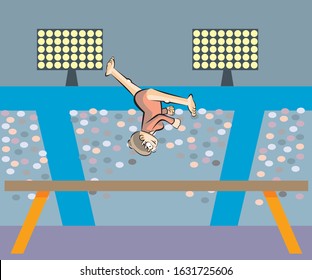 Gymnast girl jumping and somersaults on the balance beam in the middle of a spectacular artistic routine. Vector illustration in cartoon style, available in EPS 10.