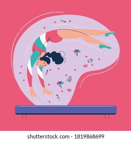 GYMNAST GIRL PERFORM A FLIP ON A LOG. VECTOR ILLUSTRATION IN THE STYLE OF FLAT, POSTER, BANNER, CARD
