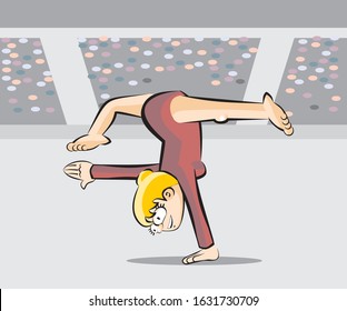 Gymnast girl performing an artistic routine, holding the entire weight of her body with one hand while opening and extending her legs. Vector illustration in cartoon style, available in EPS 10.