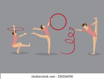 Gymnast girl in pink leotard doing graceful gymnastics floor exercise with props, ribbon and hoop. Set of three vector icons isolated on grey background