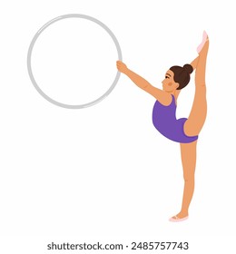 gymnast girl in a purple swimsuit does an acrobatic element with a hoop. An illustration on the topic of sports.