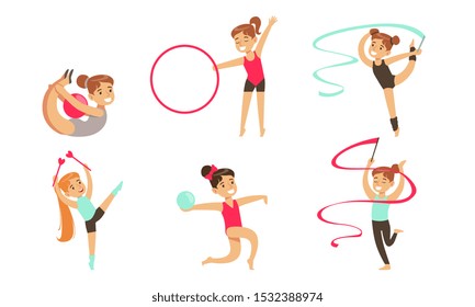 Gymnast Girls Performing Rhythmic Gymnastics Elements with Ball, Ribbon, Hoop Vector Illustration