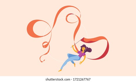 Gymnast Girls Performing Rhythmic Gymnastics Elements with Ribbons Vector Illustration