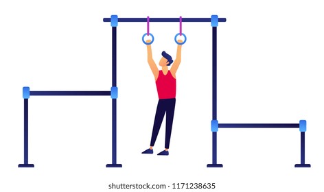 Gymnast hanging on rings vector illustration. Active lifestyle and gymnastics, fitness training and athletics exercises, bodybuilding and competition concept. Isolated on white background.
