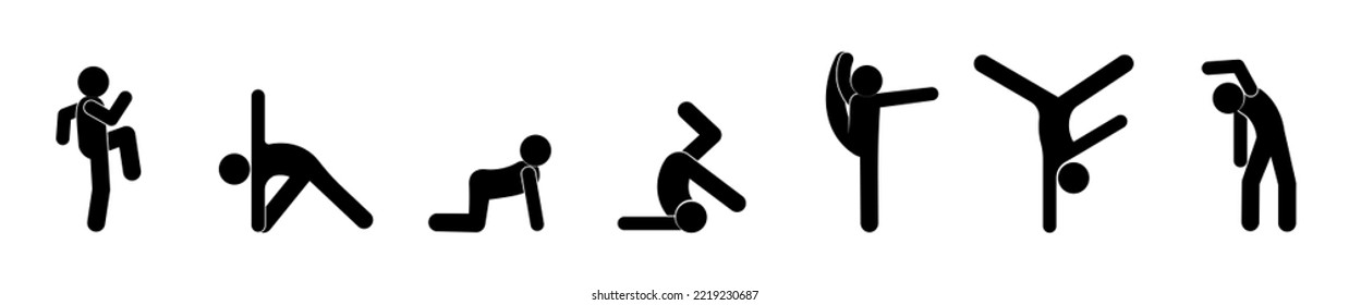 gymnast icon, exercise and pose illustration, stick figure man isolated silhouette