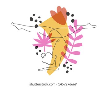 Gymnast improving flexibility continuous one line vector illustration on abstract background